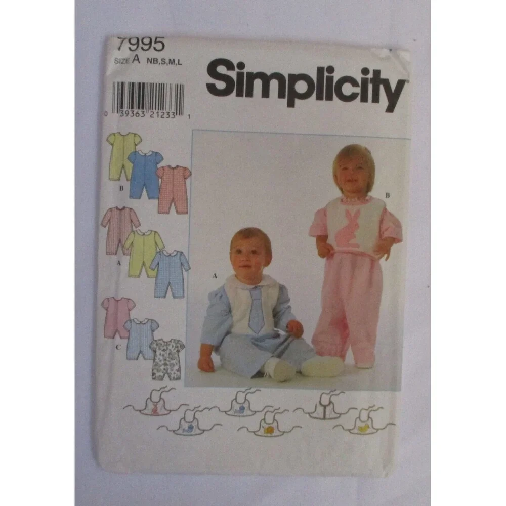 Simplicity 7995 Baby Romper & Bib - Sizes NB, S, M, L NO INSTRUCTIONS UNCUT